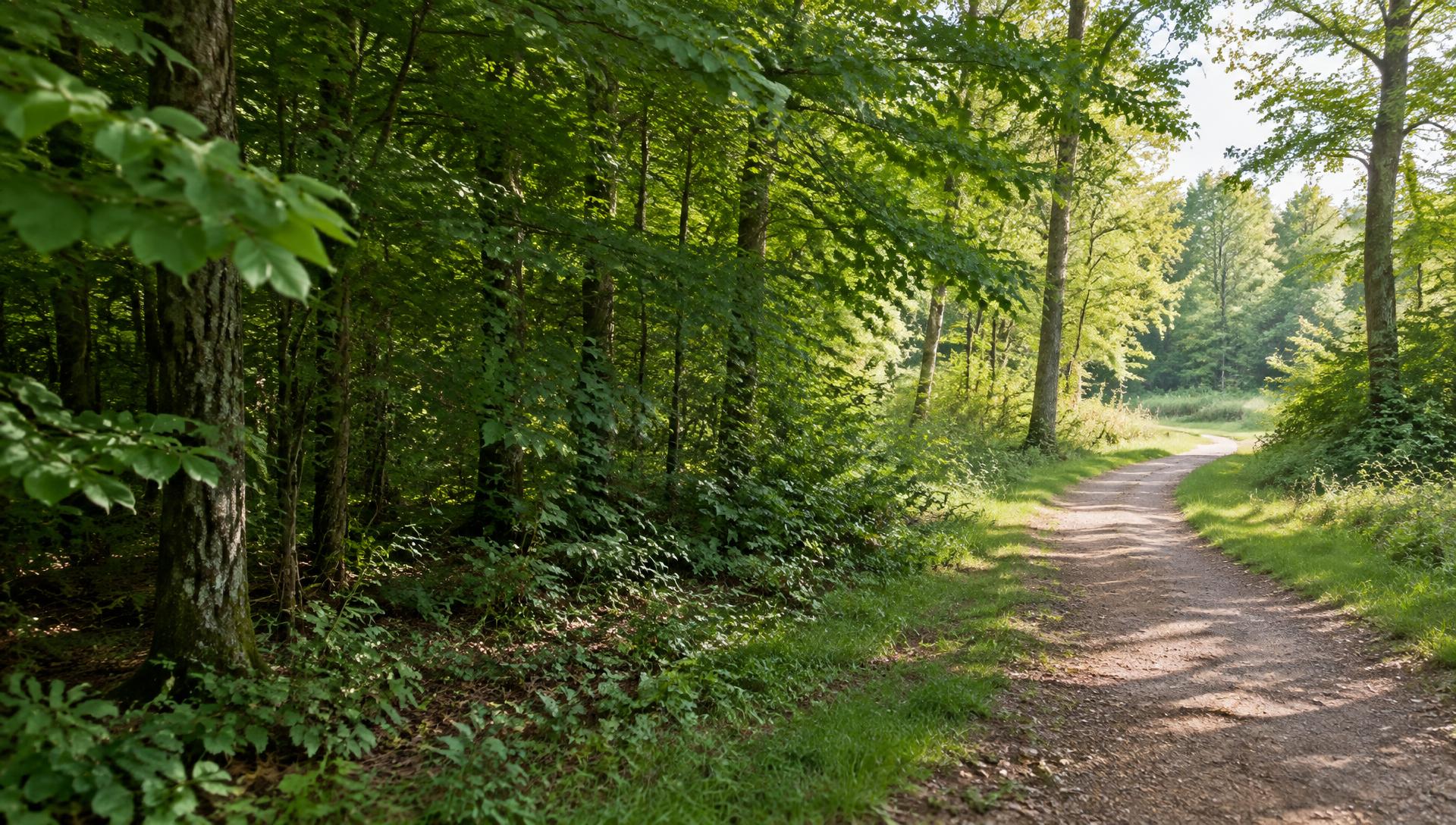 A quiet woodland path in soft morning light